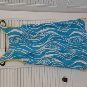 Lilly Pulitzer Turquoise & White Wave Print Tank Dress with Yellow Trim